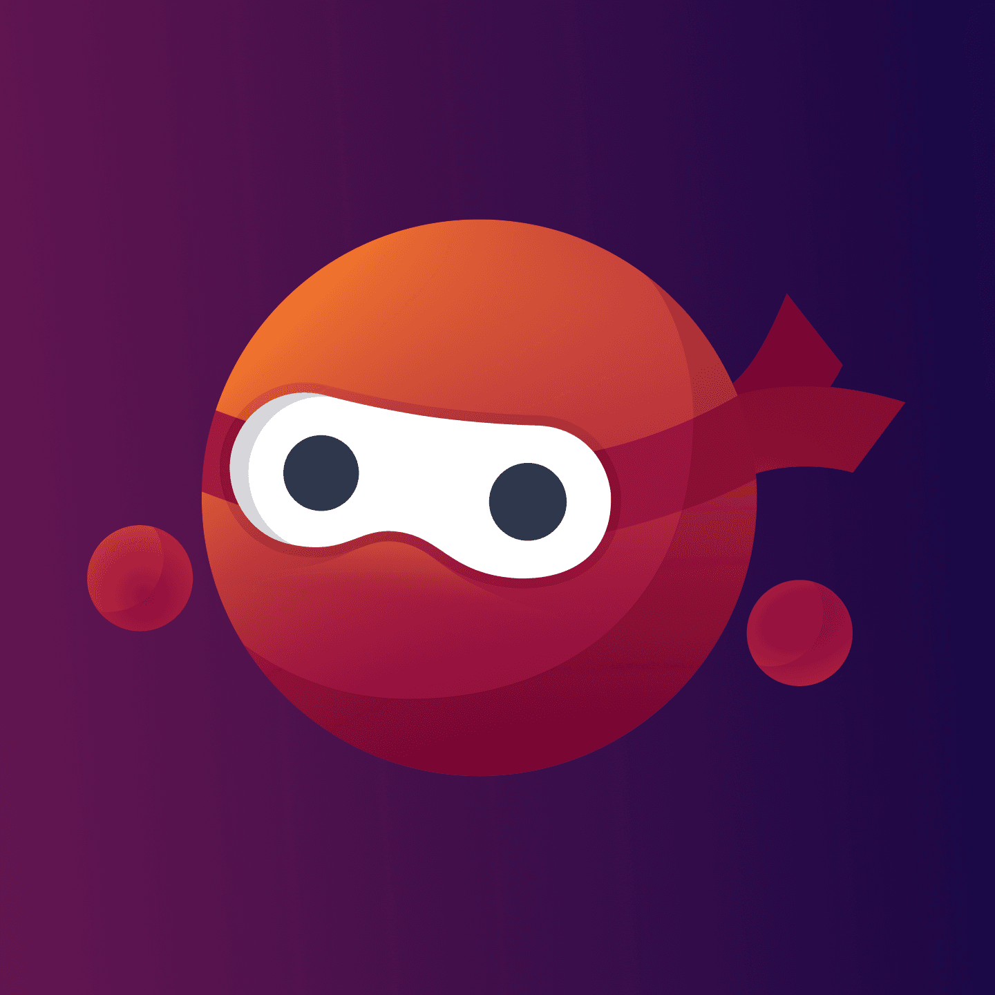 Ronde cartoon ninja met oranje-rode kleur, witte oogmasker en grote zwarte ogen, zwevend op paarse achtergrond.