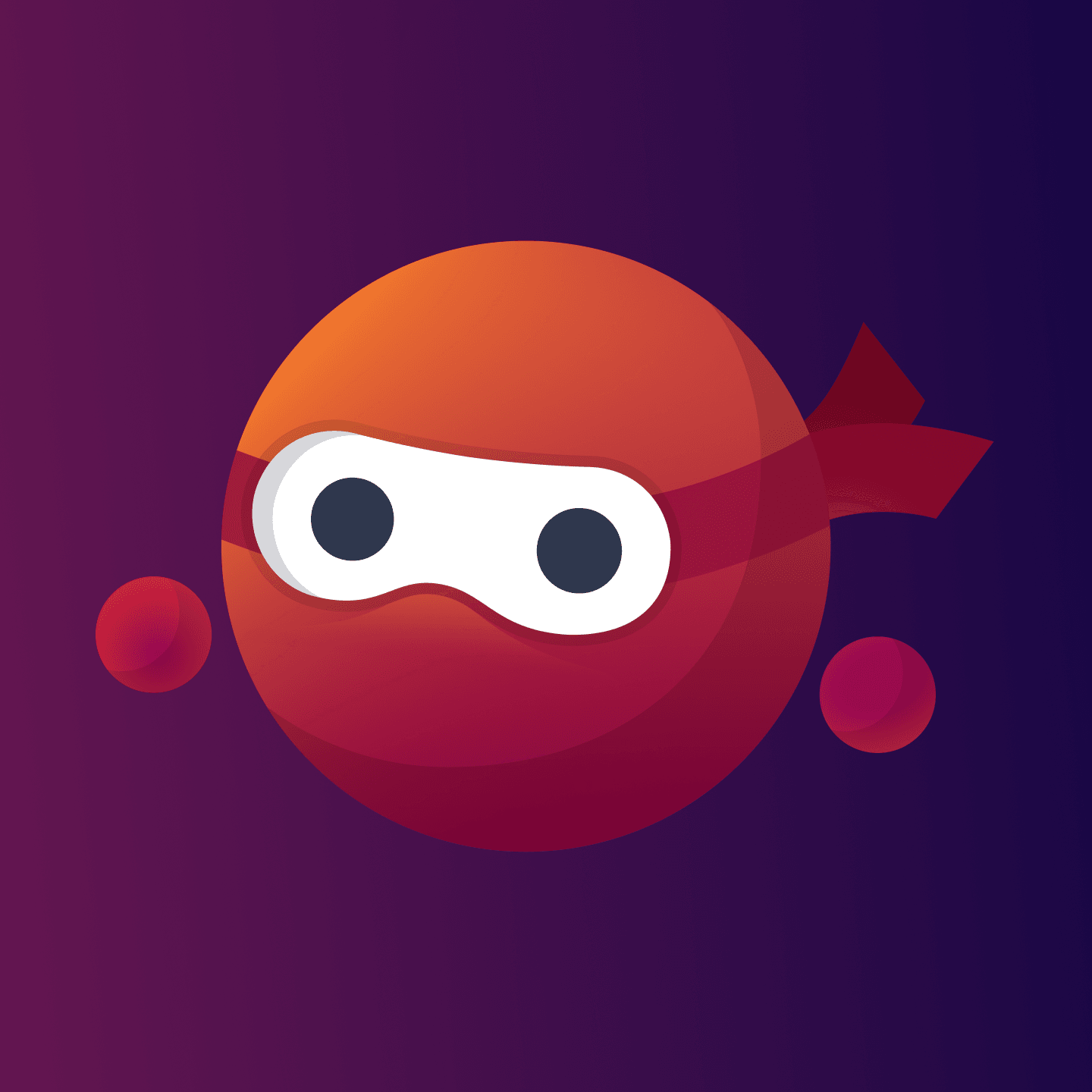 Ronde cartoon ninja met oranje-rode kleur, witte oogmasker en grote zwarte ogen, zwevend op paarse achtergrond.